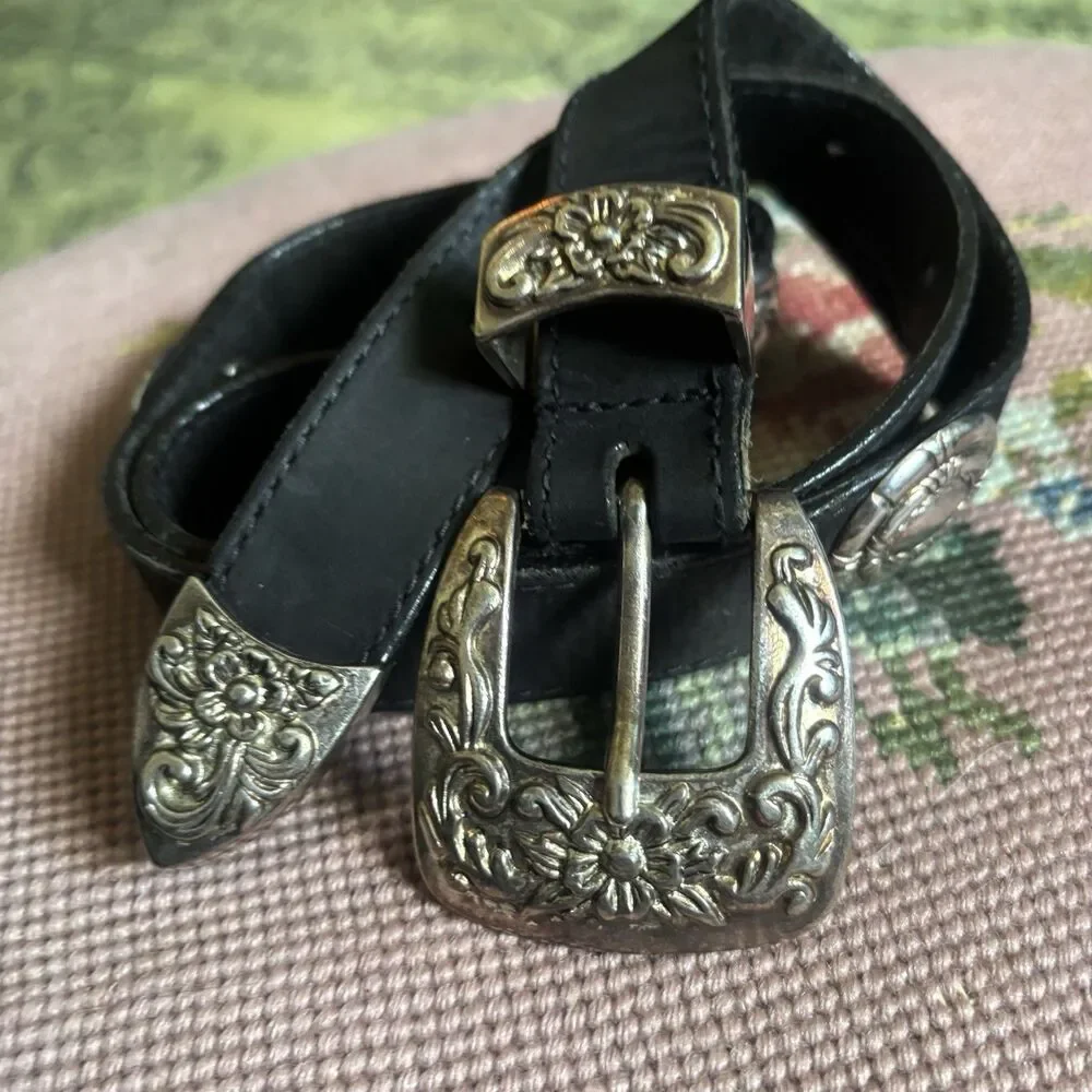Vtg Concho Black Leather Belt Embossed Western Silver Buckle 32 Grunge Cowgirl